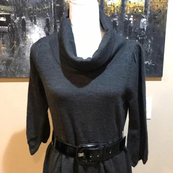 Black/Gray Cowl Neck Midi Sweater Dress 3/4 Sleeves with added Belt-Size L - Picture 2 of 9
